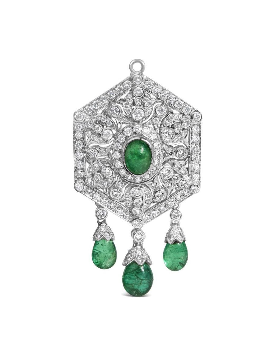 Haus of Brilliance White 18K 2 3/4 Cttw Diamond And Emerald Dangle Art Deco Shield Brooch Pin Pendant for men