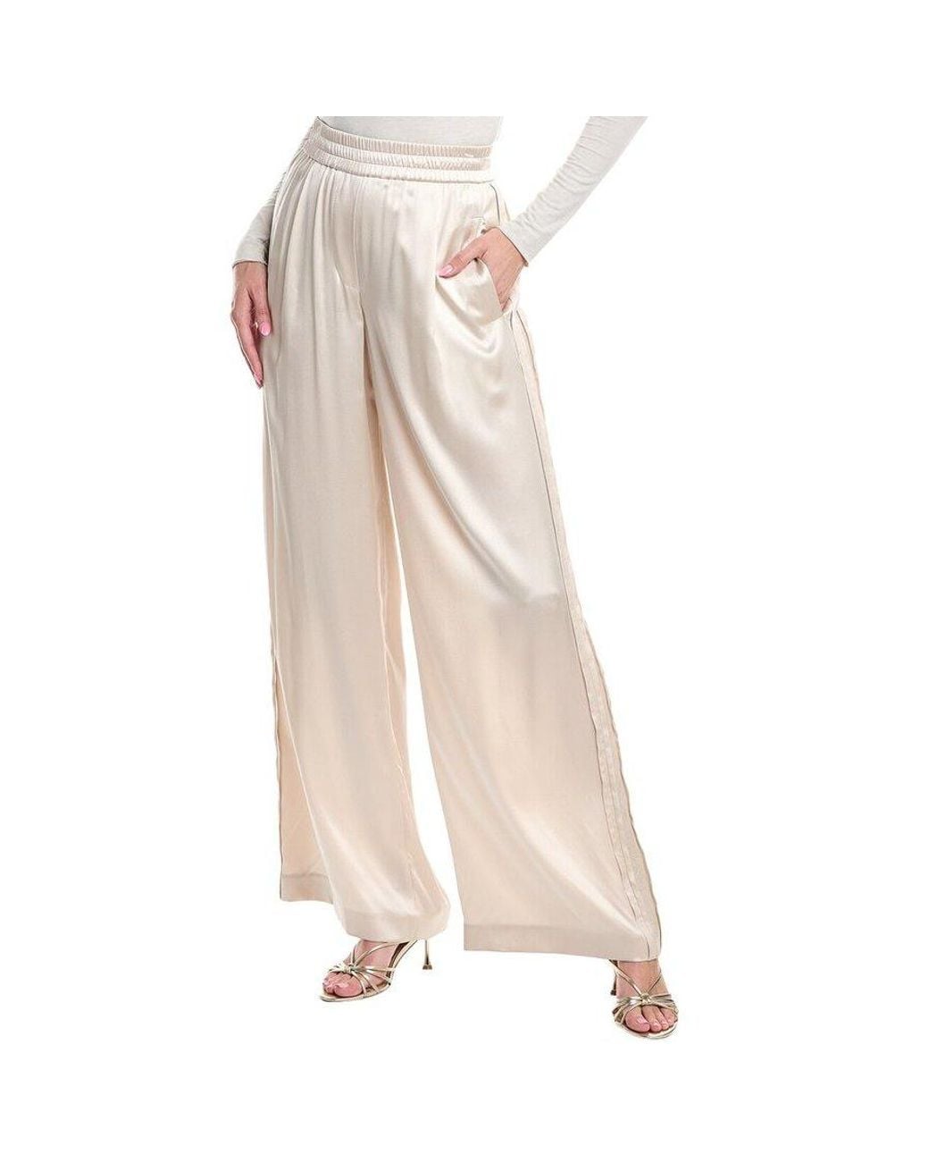 Brunello Cucinelli Natural Ivory Wide-Leg Satin Trousers, Brand Size 44 (Us for men