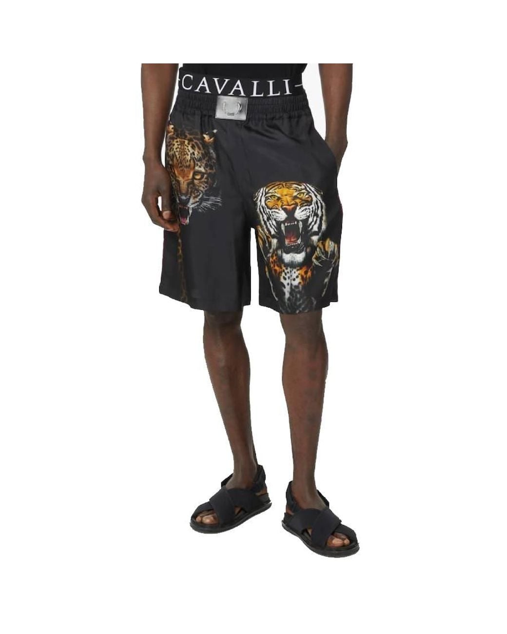 Roberto Cavalli Black Animal Print Track Shorts, Brand Size 52 Waist for men