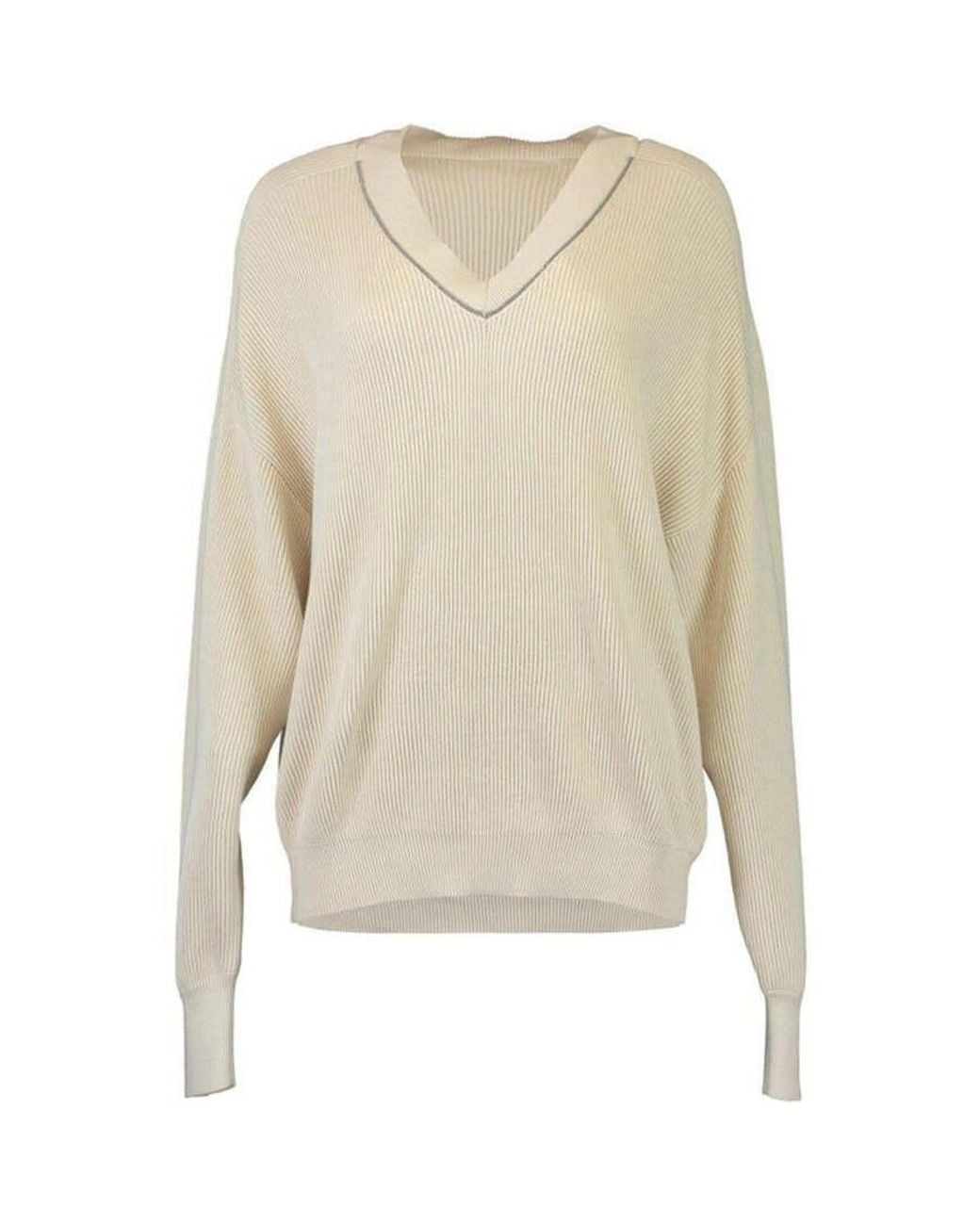 Brunello Cucinelli Natural Ribbed V Neck Sweater, Size X-Large for men