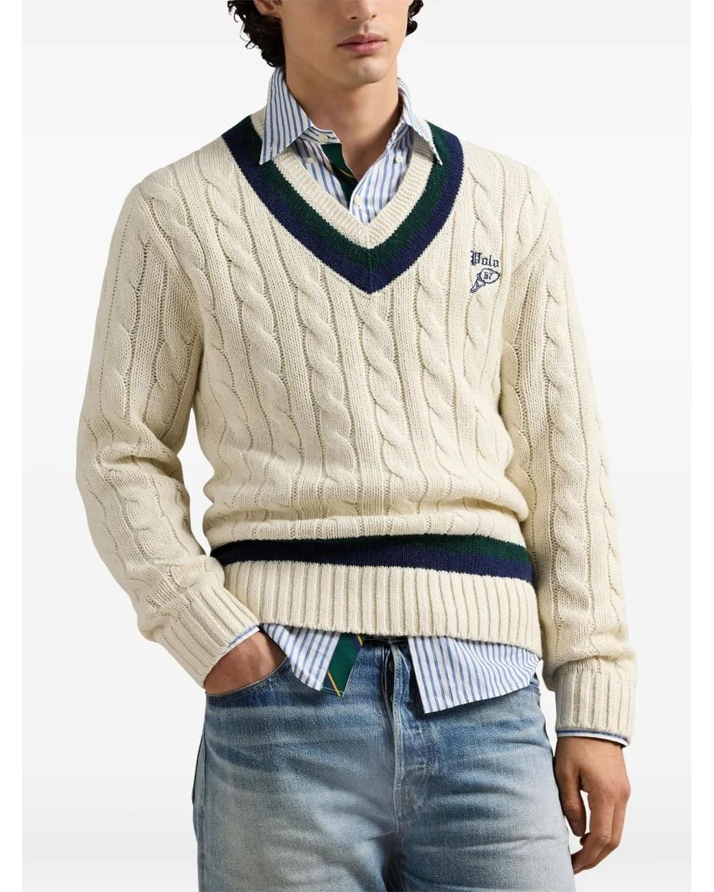 Polo Ralph Lauren Natural Cable-Knit Embroidered Cricket Sweater for men