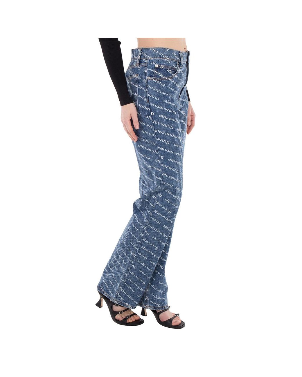 T By Alexander Wang Blue Logo-Print Sequined Mid-Rise Straight Leg Cotton Trousers