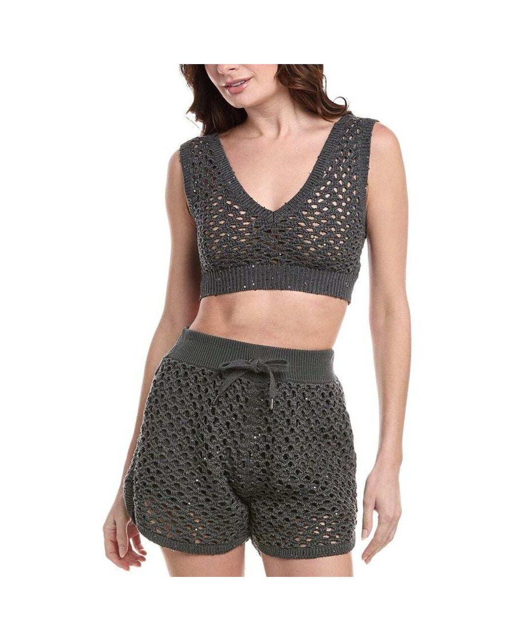 Brunello Cucinelli Black Charcoal Crochet Knit Crop Top, Size Medium for men