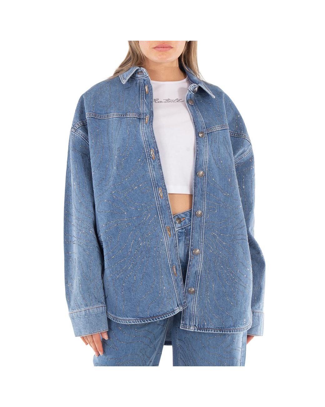 ROTATE BIRGER CHRISTENSEN Blue Rhinestone Denim Shirt, Brand Size 38 (Us Size 4)