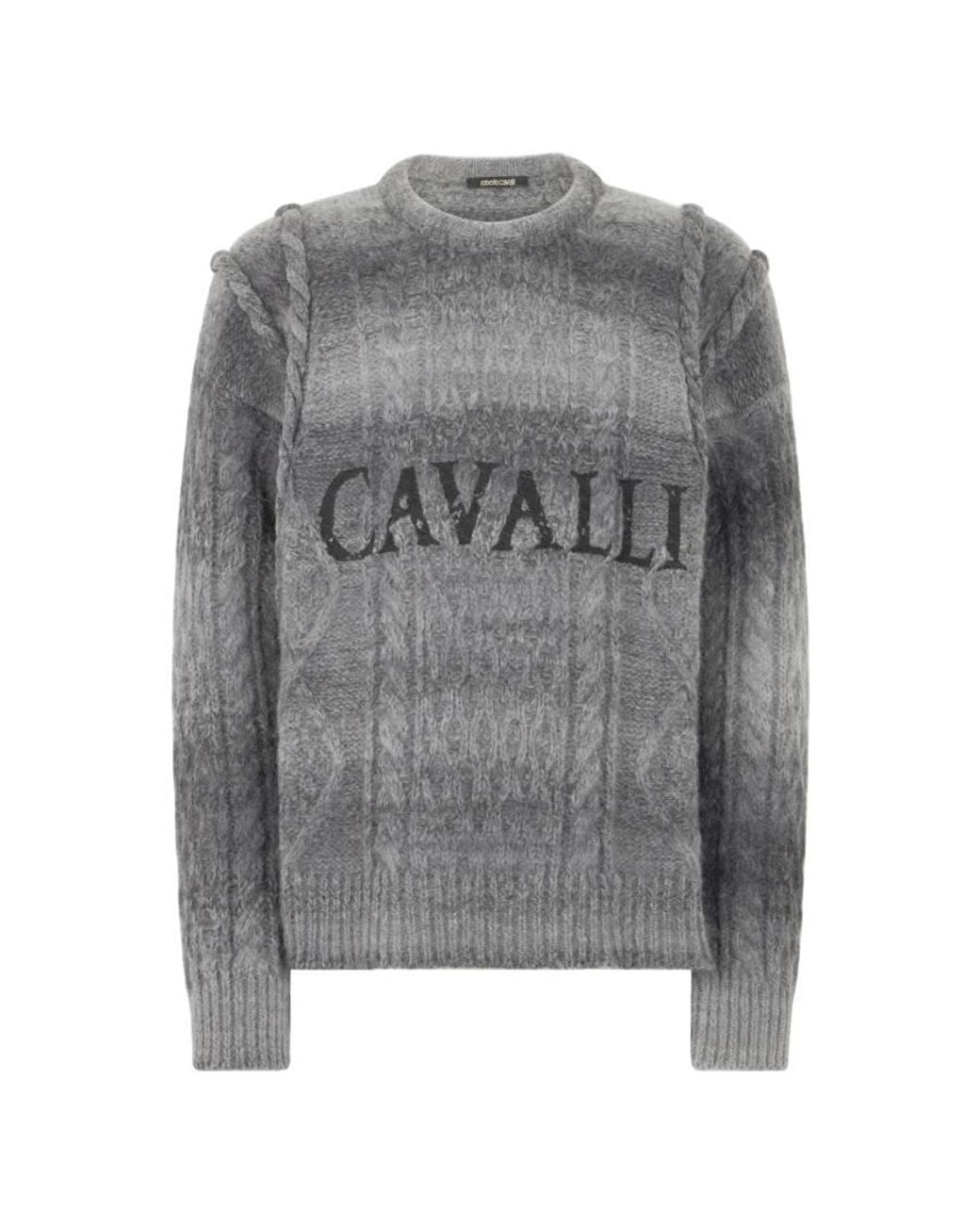 Roberto Cavalli Gray Logo-Embroidered Cable-Knit Sweater for men