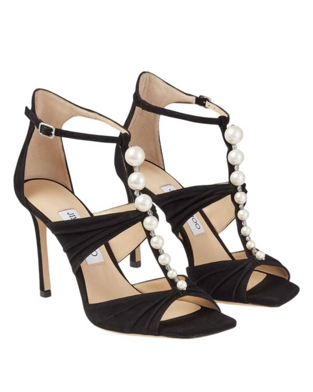 Jimmy Choo Black Aura 95 Pearls And Crystals Suede Sandals, Brand Size 34.5 Us