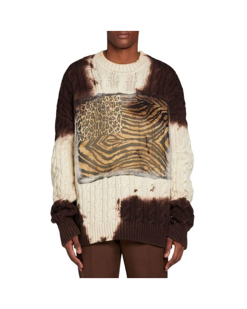 Roberto Cavalli Brown Animalier Patchwork Cable-Knit Sweater