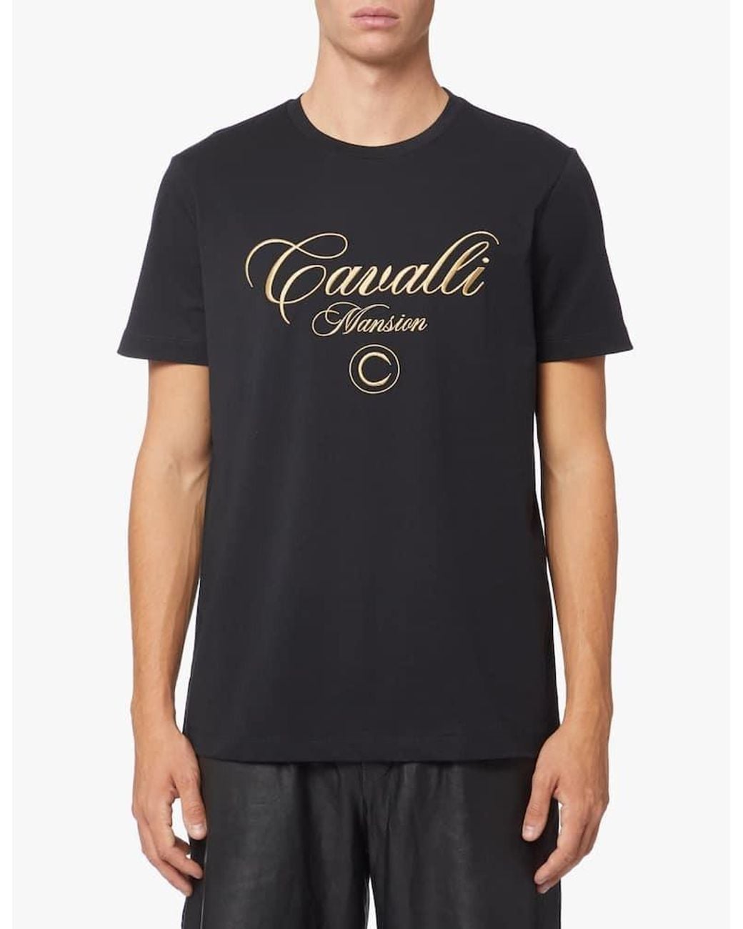 Roberto Cavalli Black Logo-Embroidered Cotton T-Shirt for men