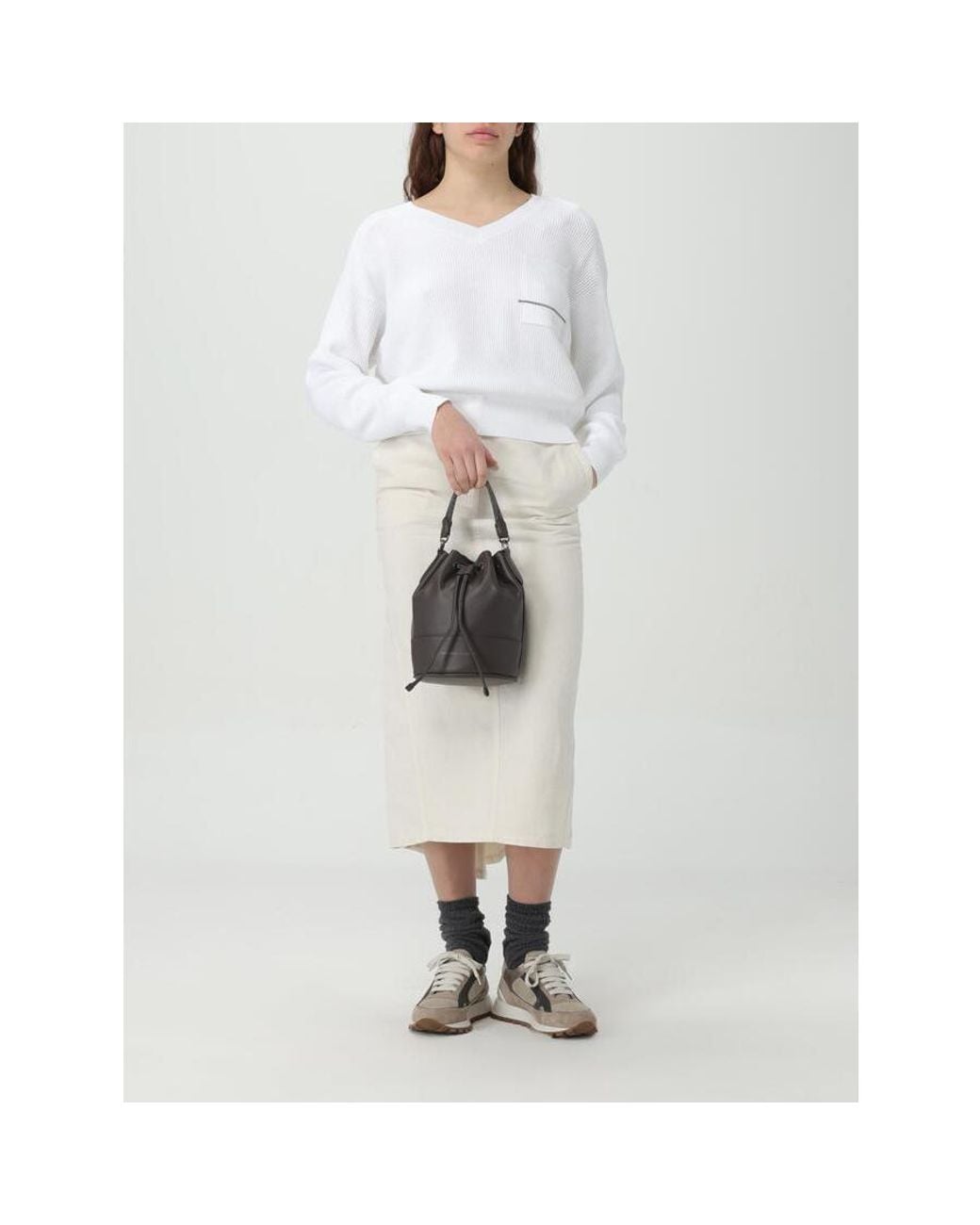 Brunello Cucinelli White Gesso Cotton Linen Midi Skirt, Brand Size 44 (Us for men