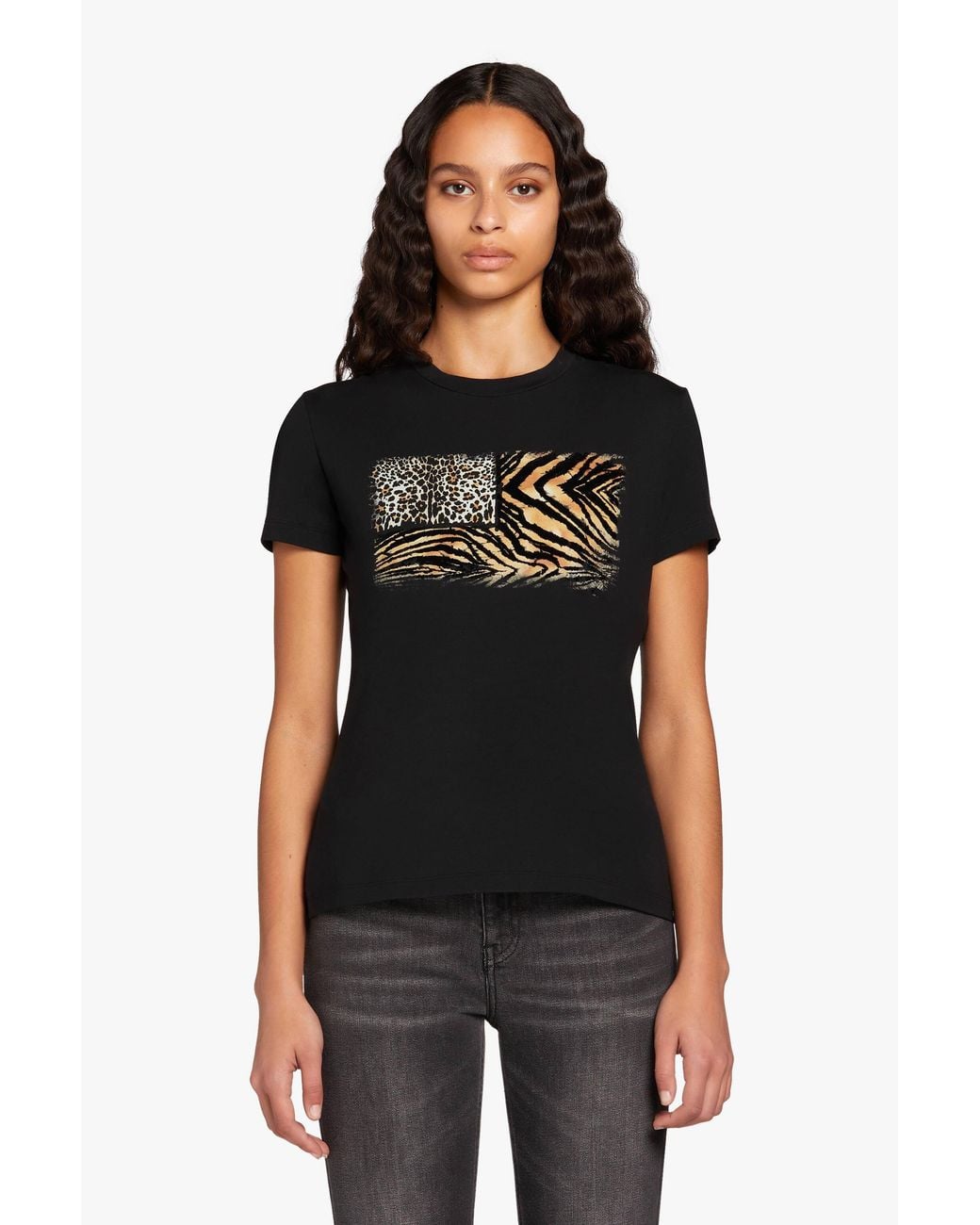Roberto Cavalli Black Flocked Animal Print Stretch T-Shirt for men