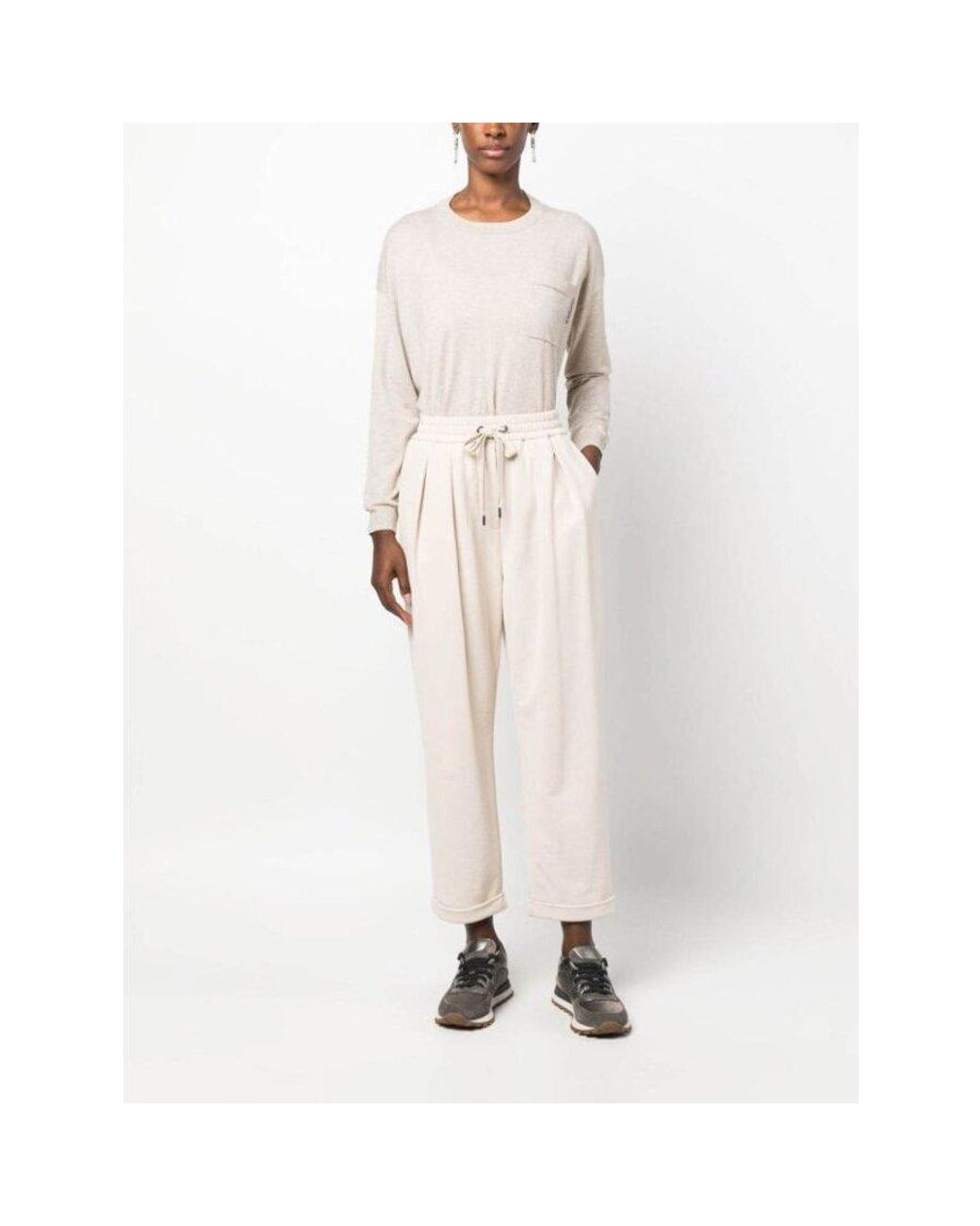 Brunello Cucinelli Natural Ivory Pleated Drawstring Trousers, Size Large for men
