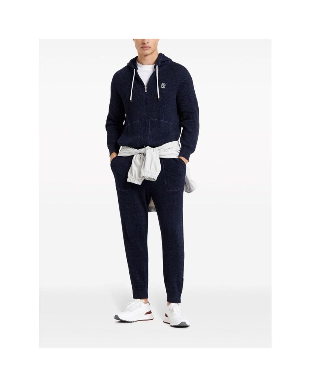 Brunello Cucinelli Blue Cotton Linen Ribbed Jogger Trousers, Size Medium for men