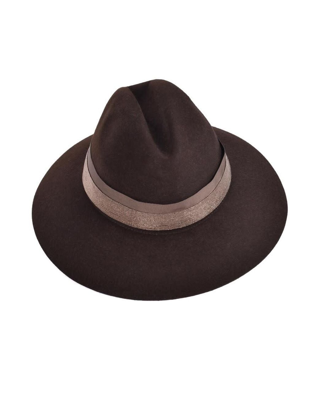 Brunello Cucinelli Brown Felt Fedora With Beaded Band, Size Small for men
