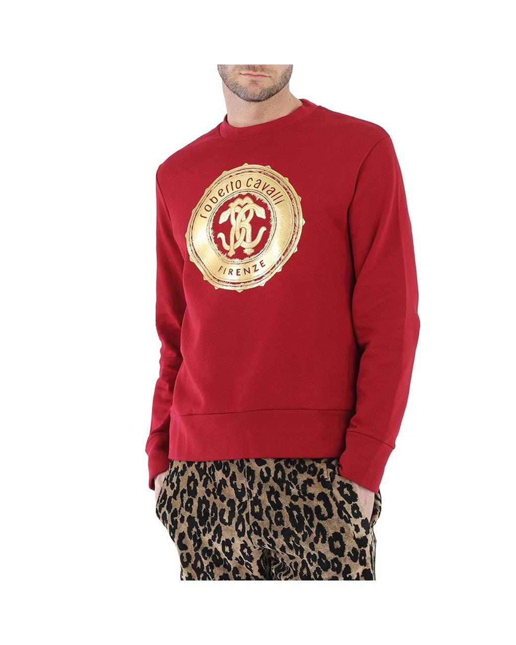Roberto Cavalli Red Carmine Foil Mirror Snake Logo Cotton Sweatshirt for men