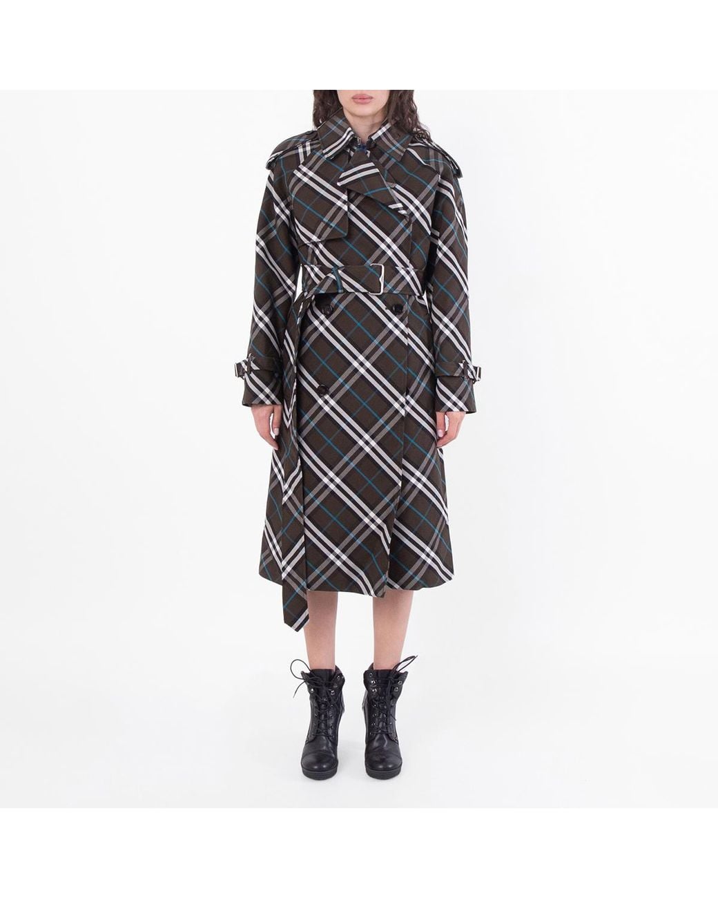 Burberry Black Snug Check-Print Long Trench Coat, Brand Size 8 Us for men