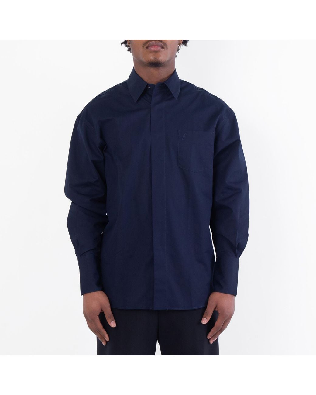 Ferragamo Blue Ferragamo Logo Embroidered Cotton Poplin Shirt for men
