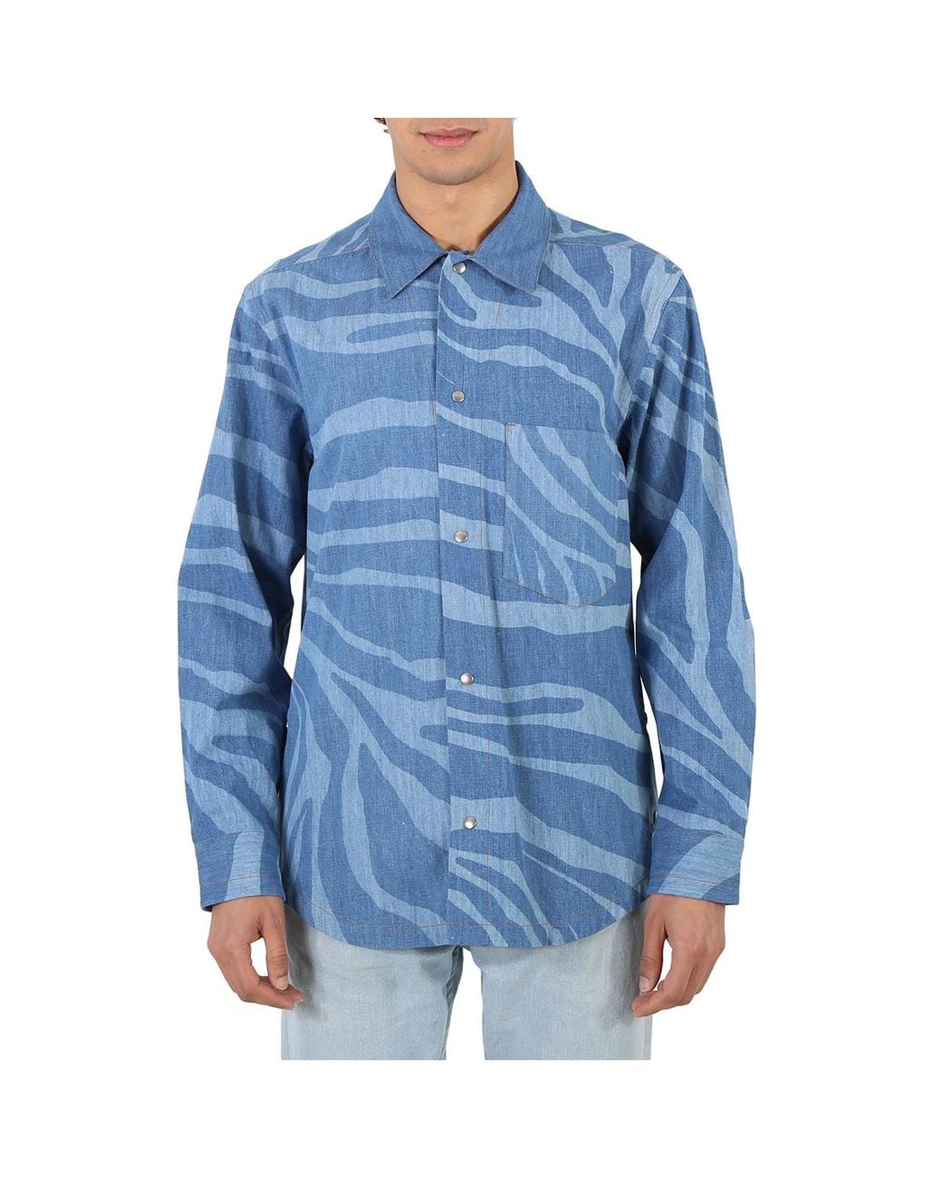 Roberto Cavalli Blue Dark Macro Zebra-Print Denim Shirt, Brand Size 46 Us for men
