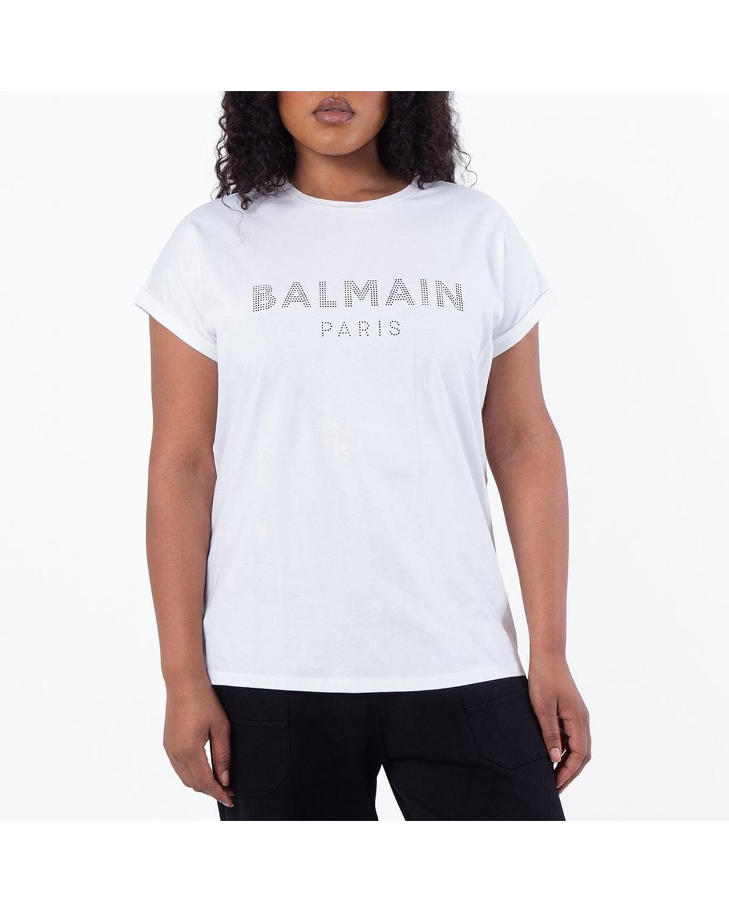 Balmain White Strass Logo Cotton T-Shirt