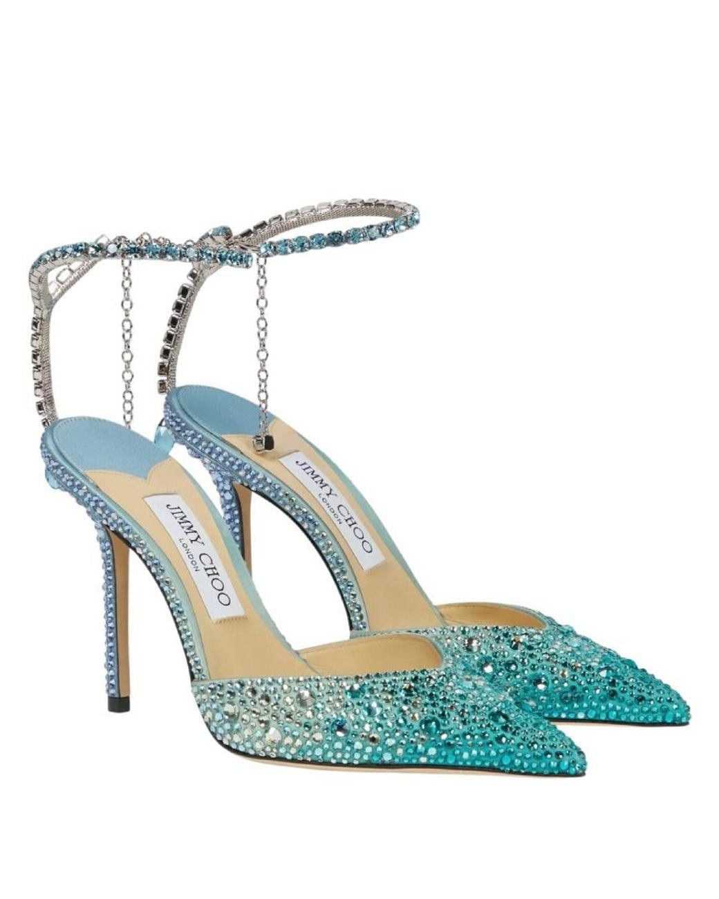 Jimmy Choo Blue Saeda 100 Crystal Embellished Satin Pumps, Brand Size 34.5 Us