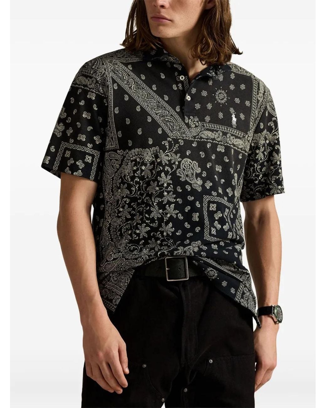 Polo Ralph Lauren Black Bandanna Mesh Polo Shirt for men