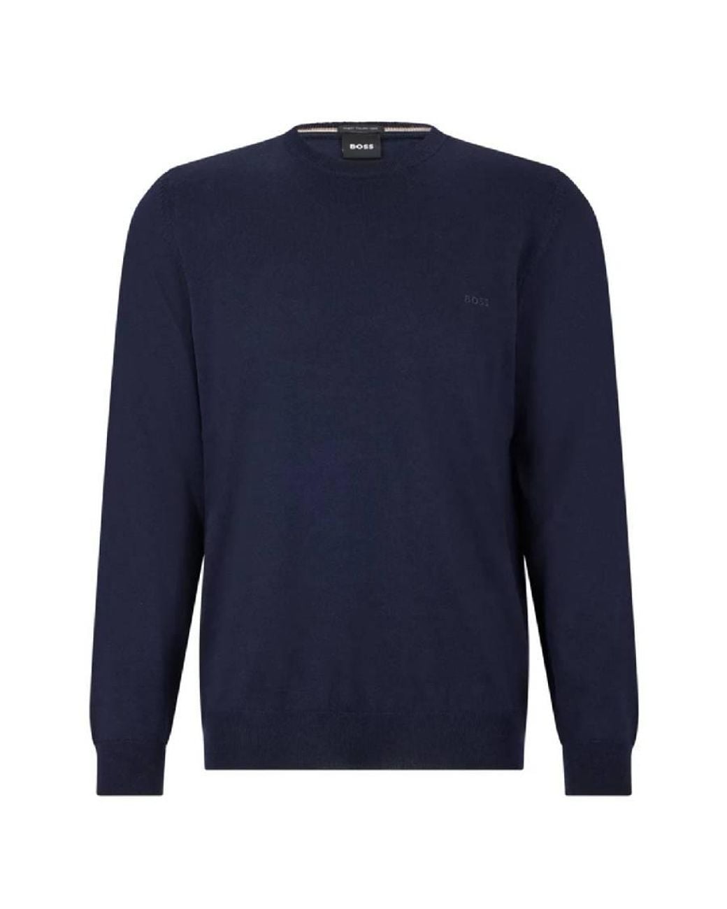 Boss Blue Embroidered Logo Long Sleeve Wool Sweater for men