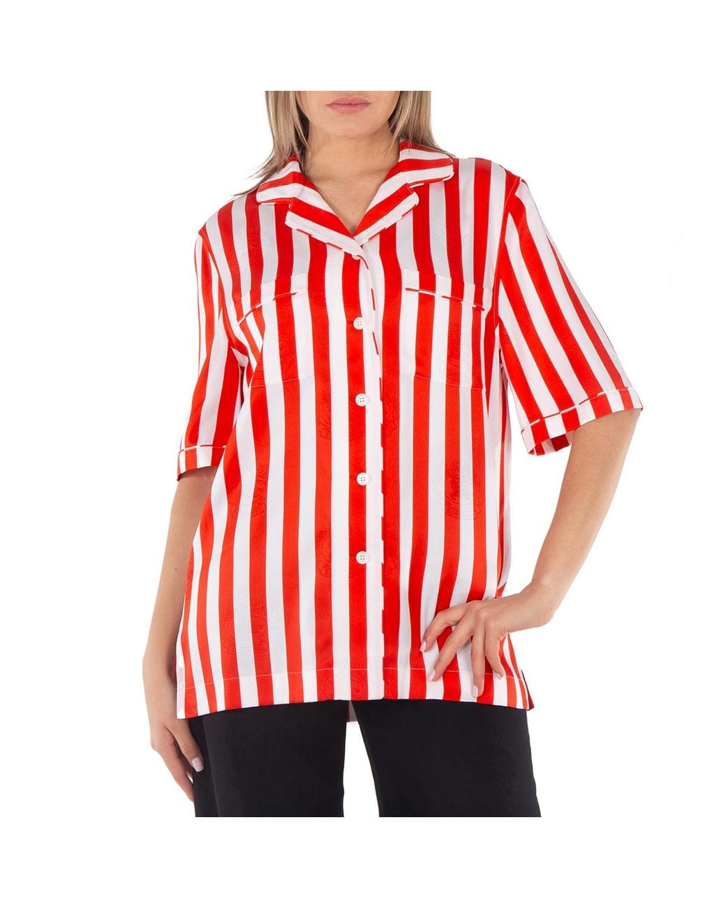 Burberry Red Tabi Striped Silk Pyjama Shirt, Brand Size 8 (Us