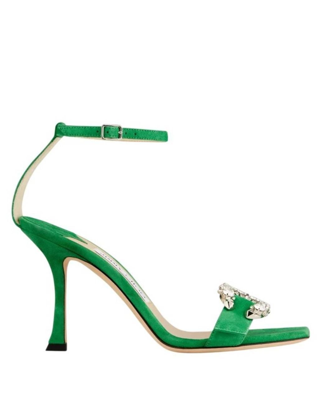 Jimmy Choo Green Marsai 90 Suede Crystal-Buckle Sandals, Brand Size 34 Us