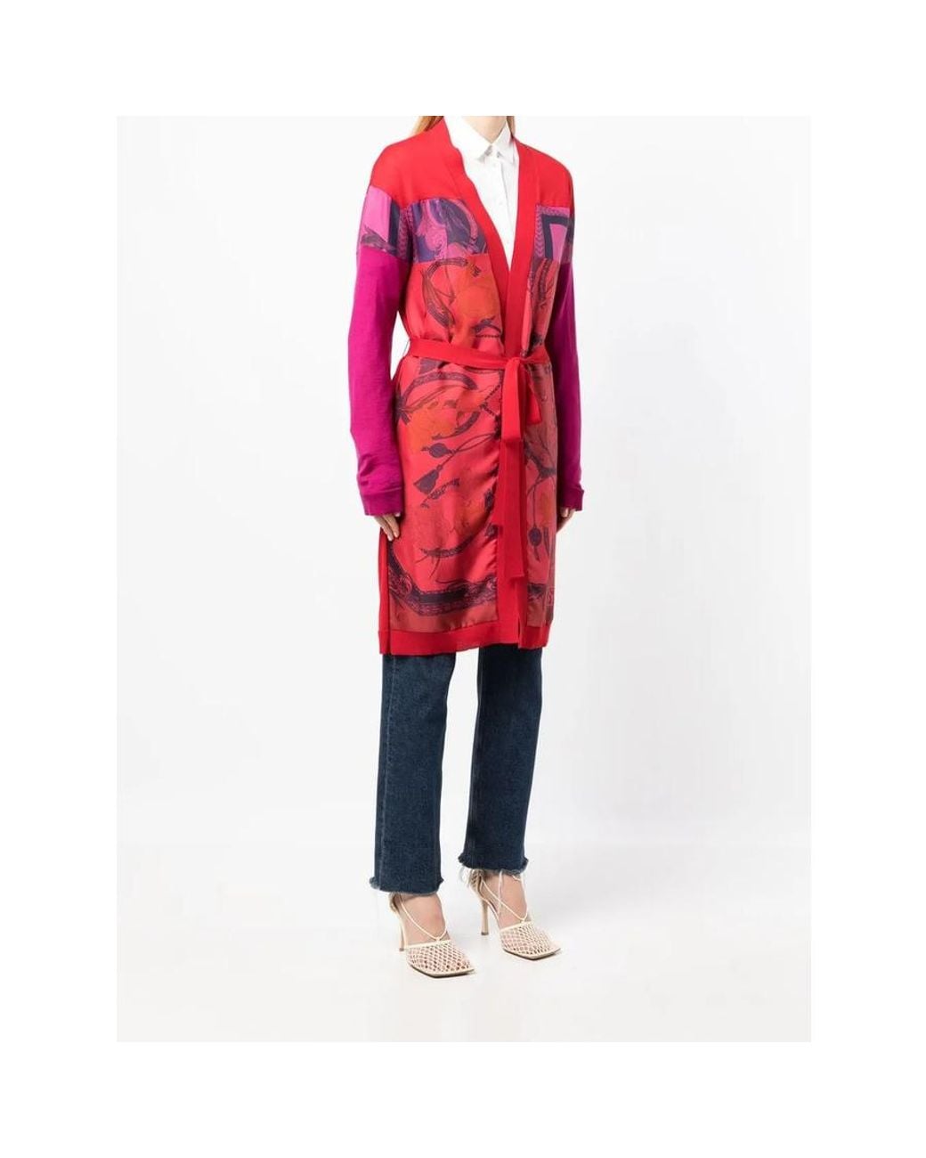 Ferragamo Red Heritage-Print Long Belted Cardigan