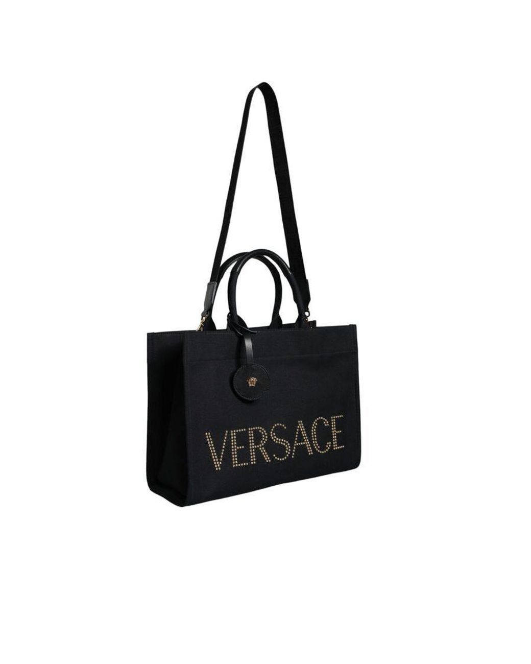 Versace Black Top Handle Canvas Leather Logo Crossbody Tote Bag