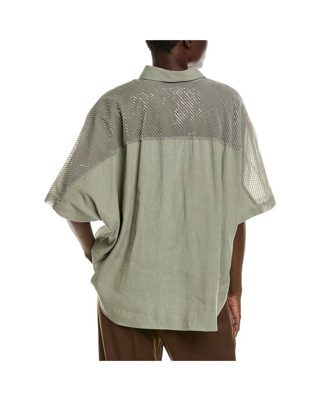 Brunello Cucinelli Green Sage Shirt With Sheer Sequined Yoke for men