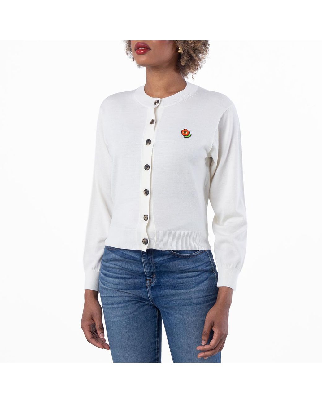 KENZO White Embroidered Crewneck Wool Cardigan for men