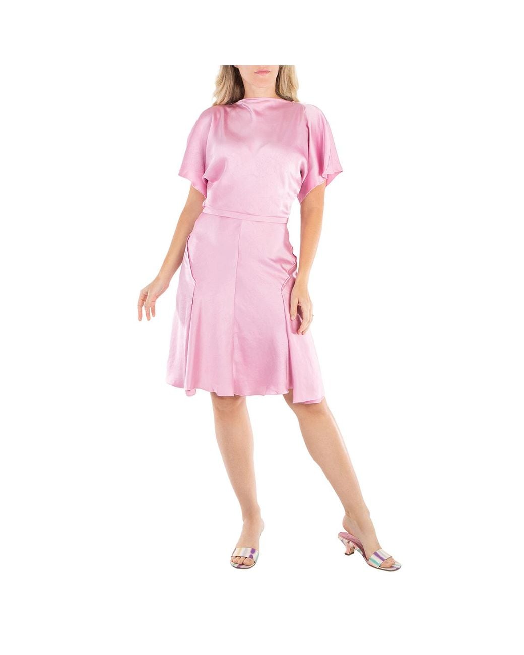 Victoria Beckham Pink Draped Sleeve Satin Finish Dress