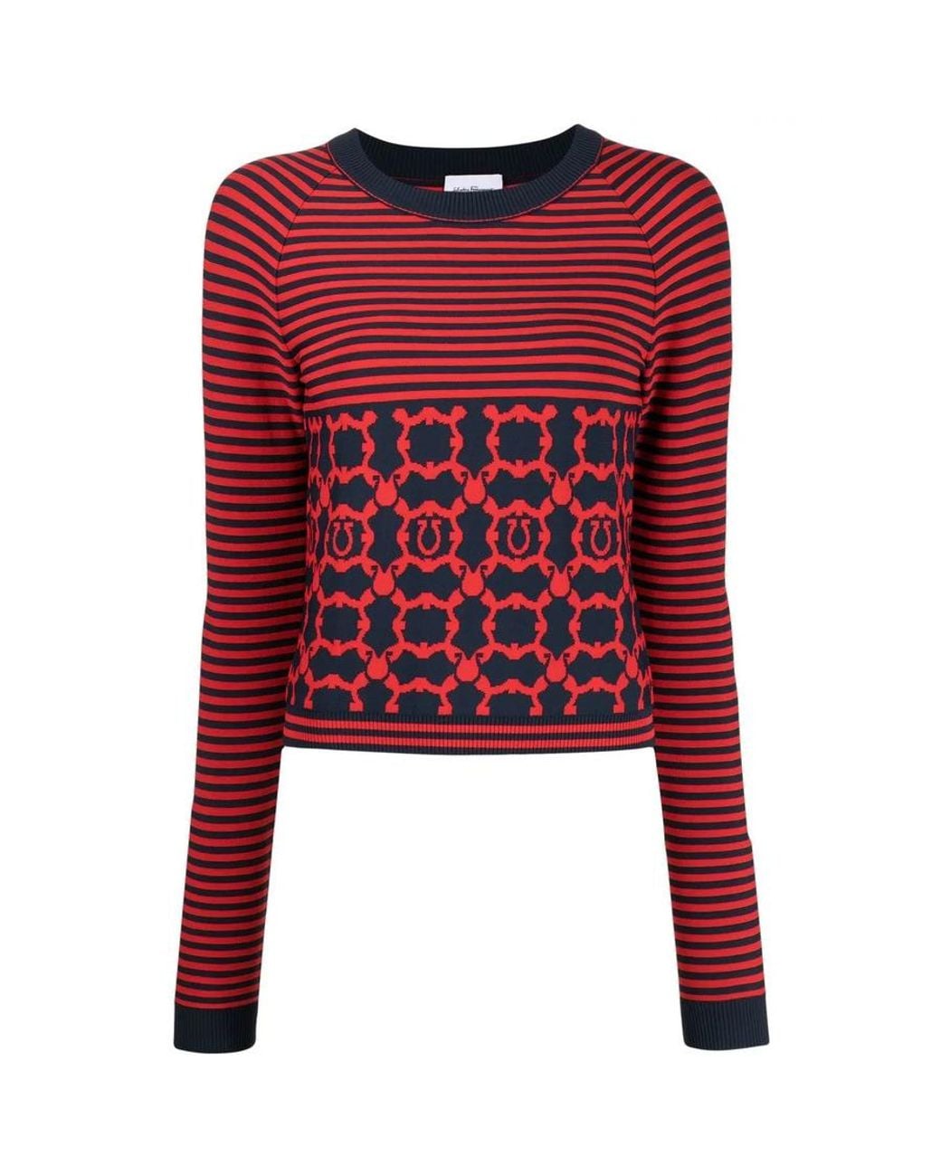 Ferragamo Red Striped Gancini Long-Sleeve Top