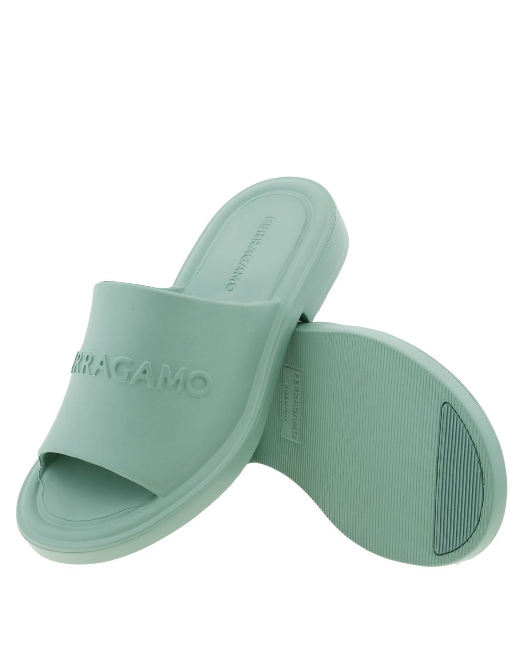 Ferragamo Green Ferragamo Giuneva Logo Embossed Slides, Size 7