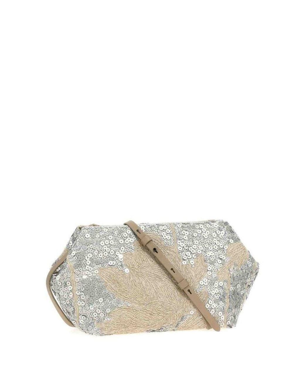 Brunello Cucinelli White Naturale Linen Embellished Clutch Bag