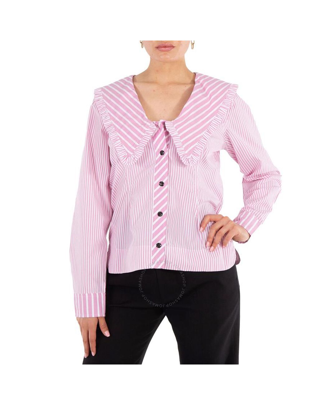 トップス GANNI striped organic cotton blouse Ganni Striped Peplum Organic-Cotton Blouse - Pink | Editorialist