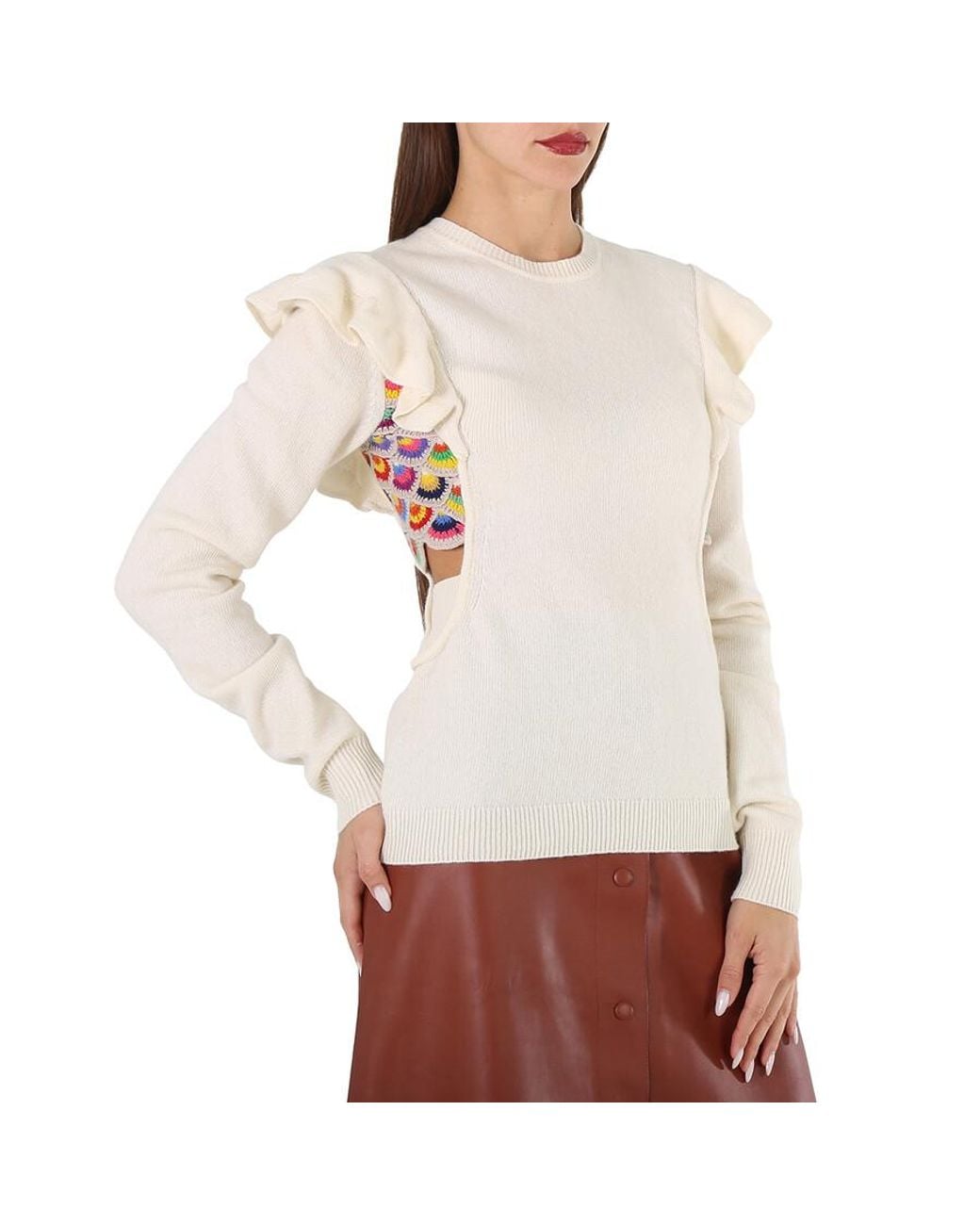 Chloé White Ladies Ruffled Crochet Sweater