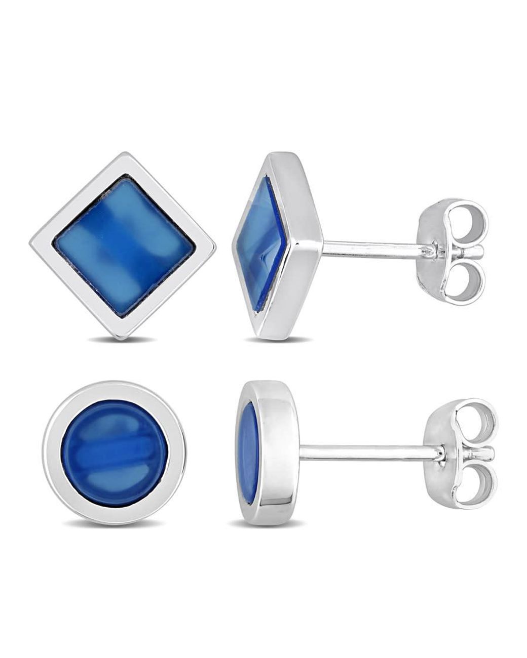 Amour Blue 2-Piece Set 1 5/8Ct Tgw Agate Square And Round Stud Earrings for men