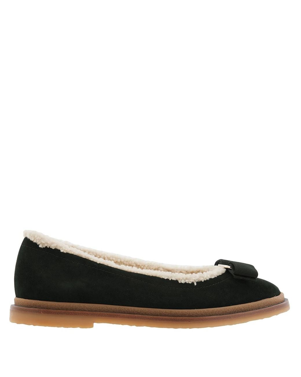 Ferragamo Black Varina Shearling-Lined Bow-Embellished Suede Ballet Flats
