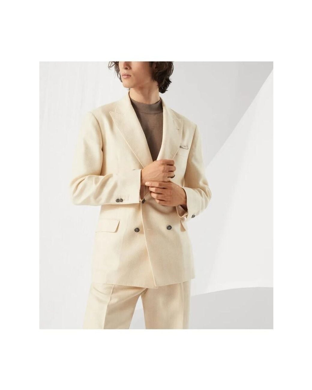 Brunello Cucinelli Natural Cream Wool Silk Linen Double Breasted Blazer, Brand Size 46 (Us for men