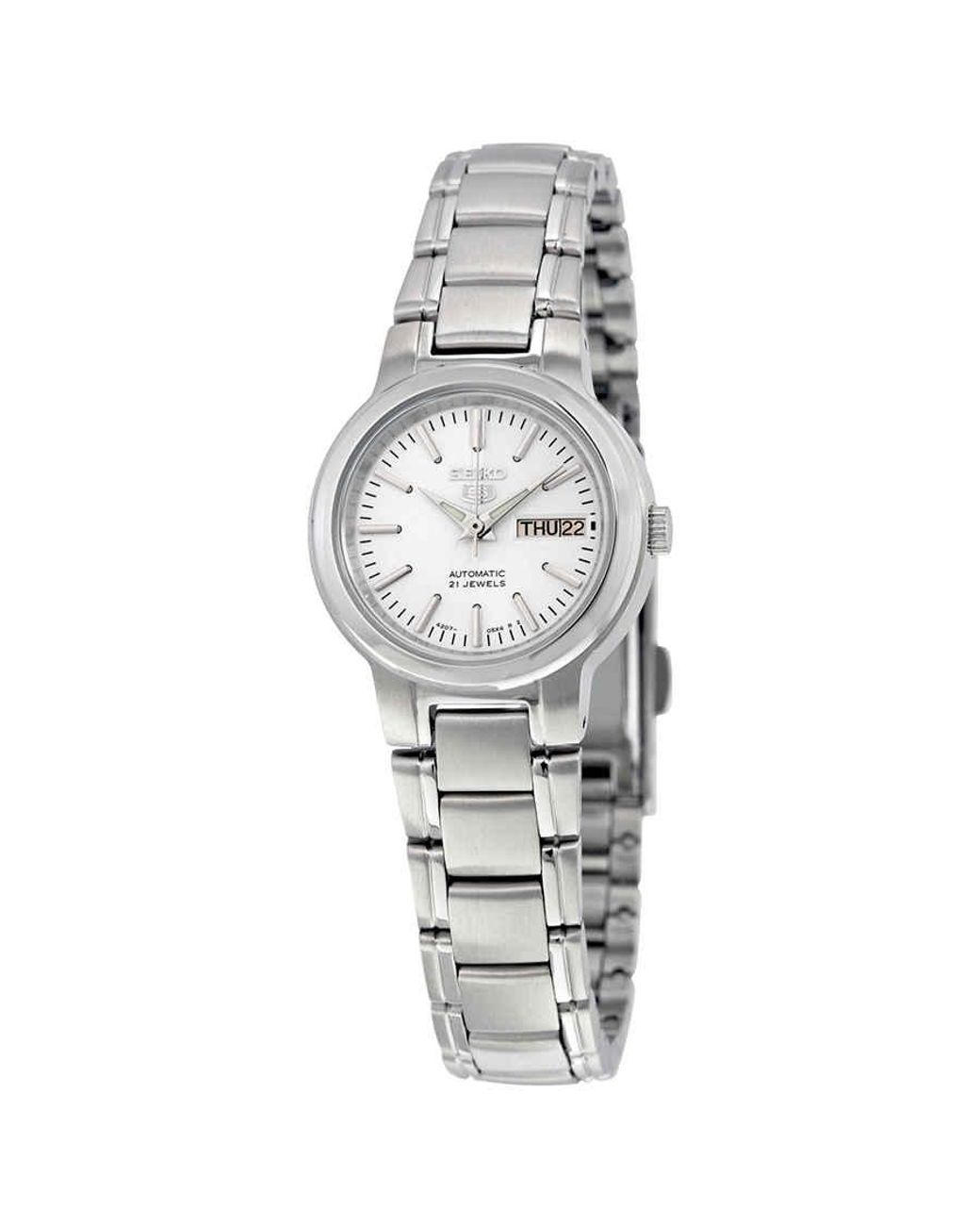 Seiko 5 Automatic White Dial Stainless Steel Ladies Watch in Silver Tone,White (Metallic) Lyst