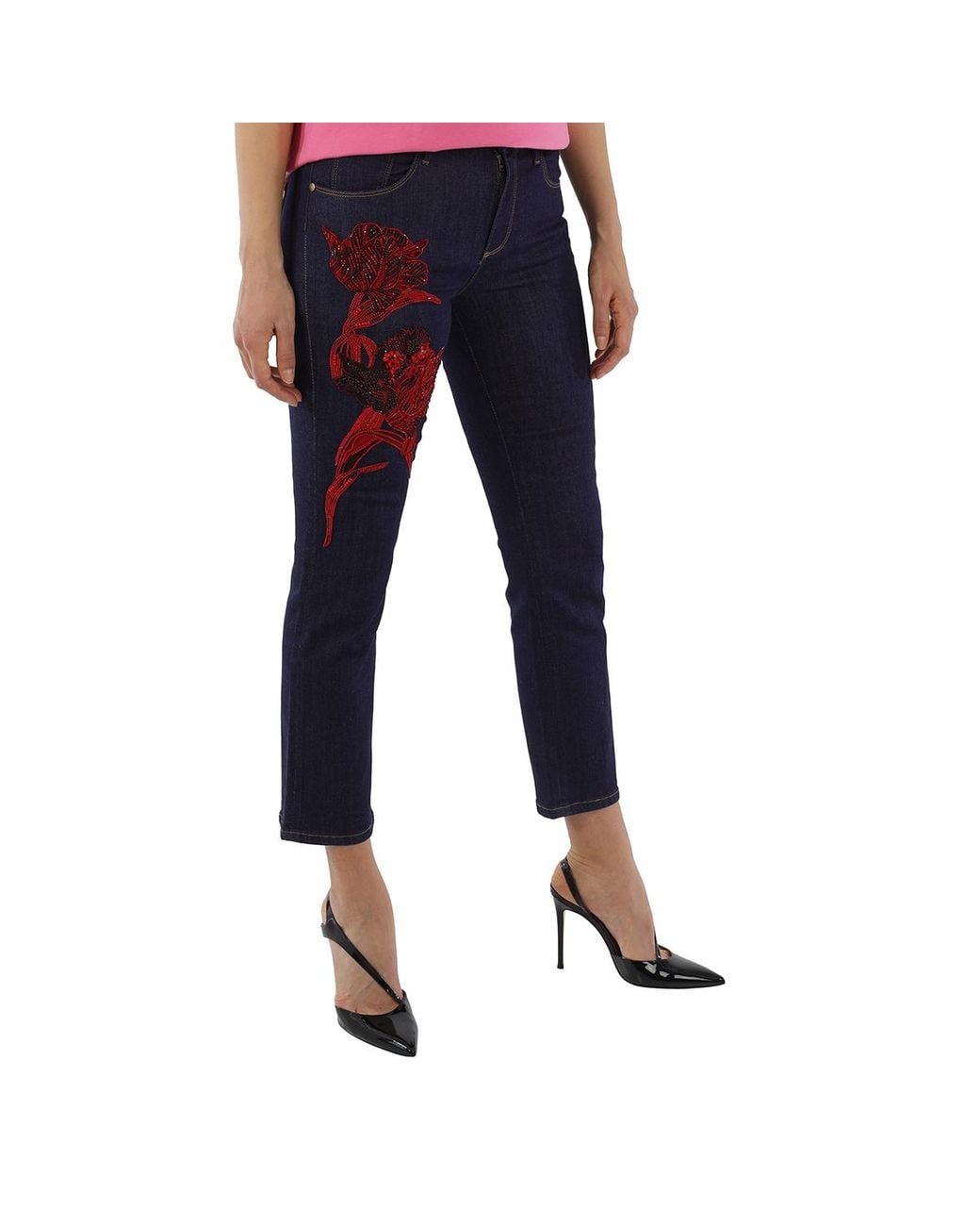Roberto Cavalli Blue Ladies Embellished Parrot Tulip Cotton Denim Jeans, Brand Size 42 (Us for men