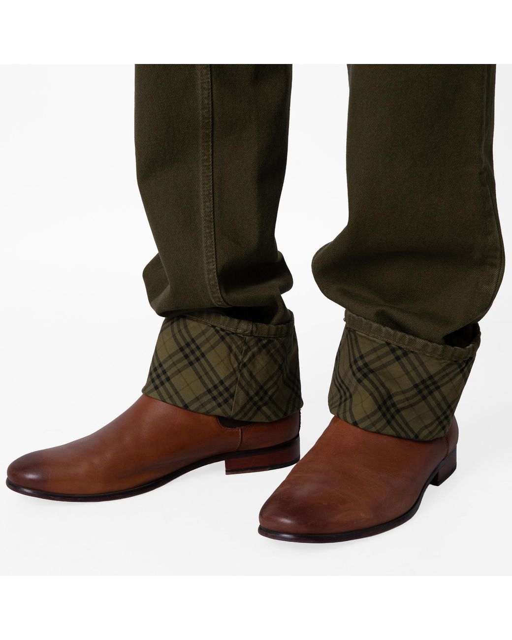 Burberry Green Check Pattern Turn Up Hem Jeans, for men