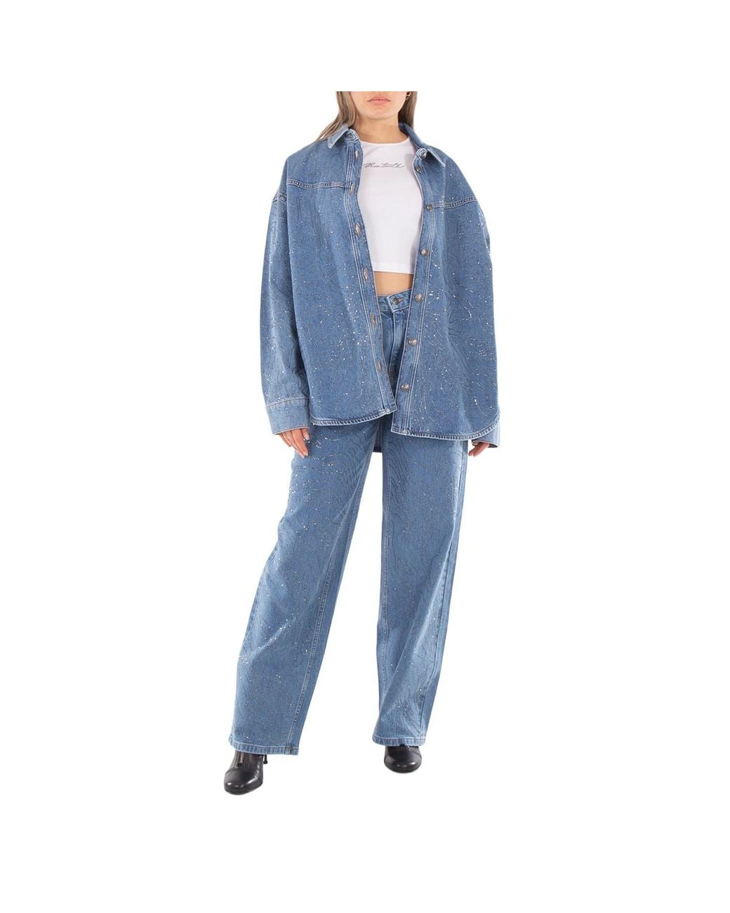ROTATE BIRGER CHRISTENSEN Blue Rhinestone Denim Shirt, Brand Size 38 (Us Size 4)