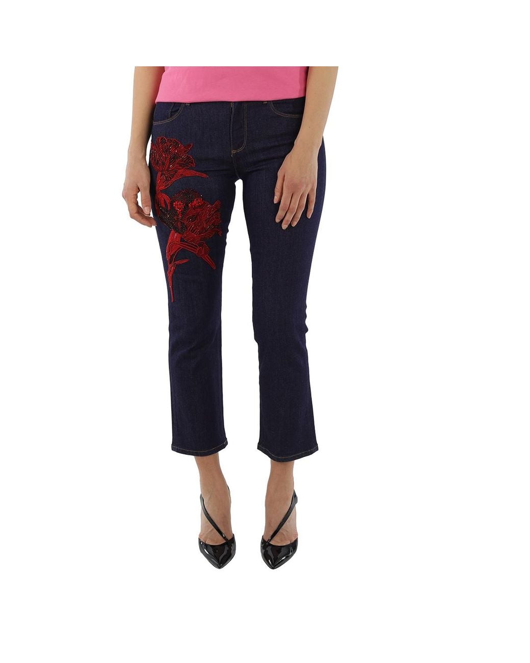 Roberto Cavalli Blue Ladies Embellished Parrot Tulip Cotton Denim Jeans, Brand Size 42 (Us for men