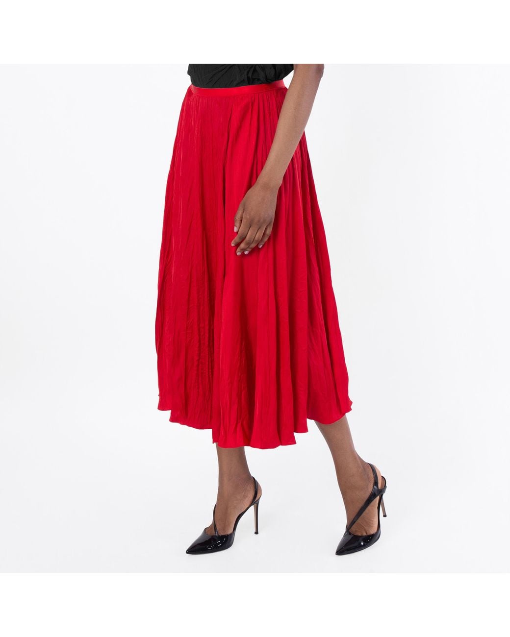 Polo Ralph Lauren Red Pleated Cotton Midi Skirt