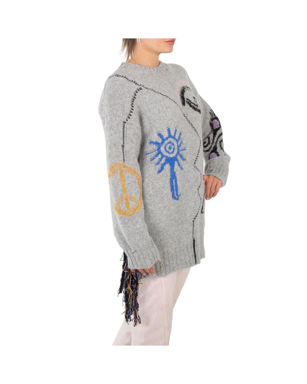 Stella McCartney Gray Folk Artwork Wool Blend Knit Sweater