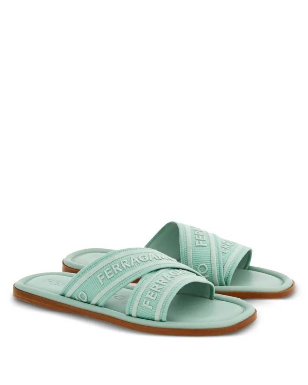 Ferragamo Green Laurene Logo Embroidered Slides
