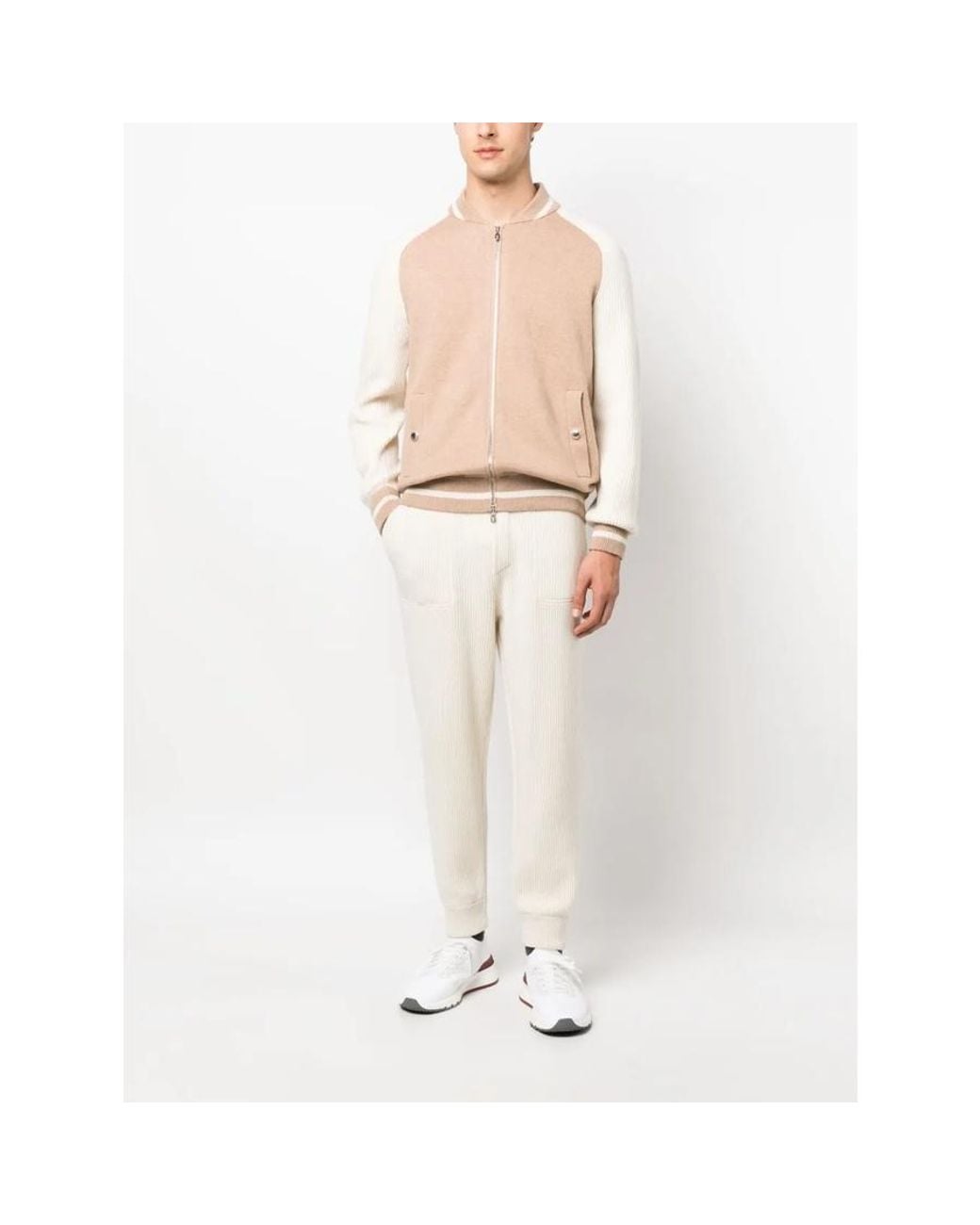 Brunello Cucinelli Natural Cream Ribbed Knit Drawstring Trousers for men