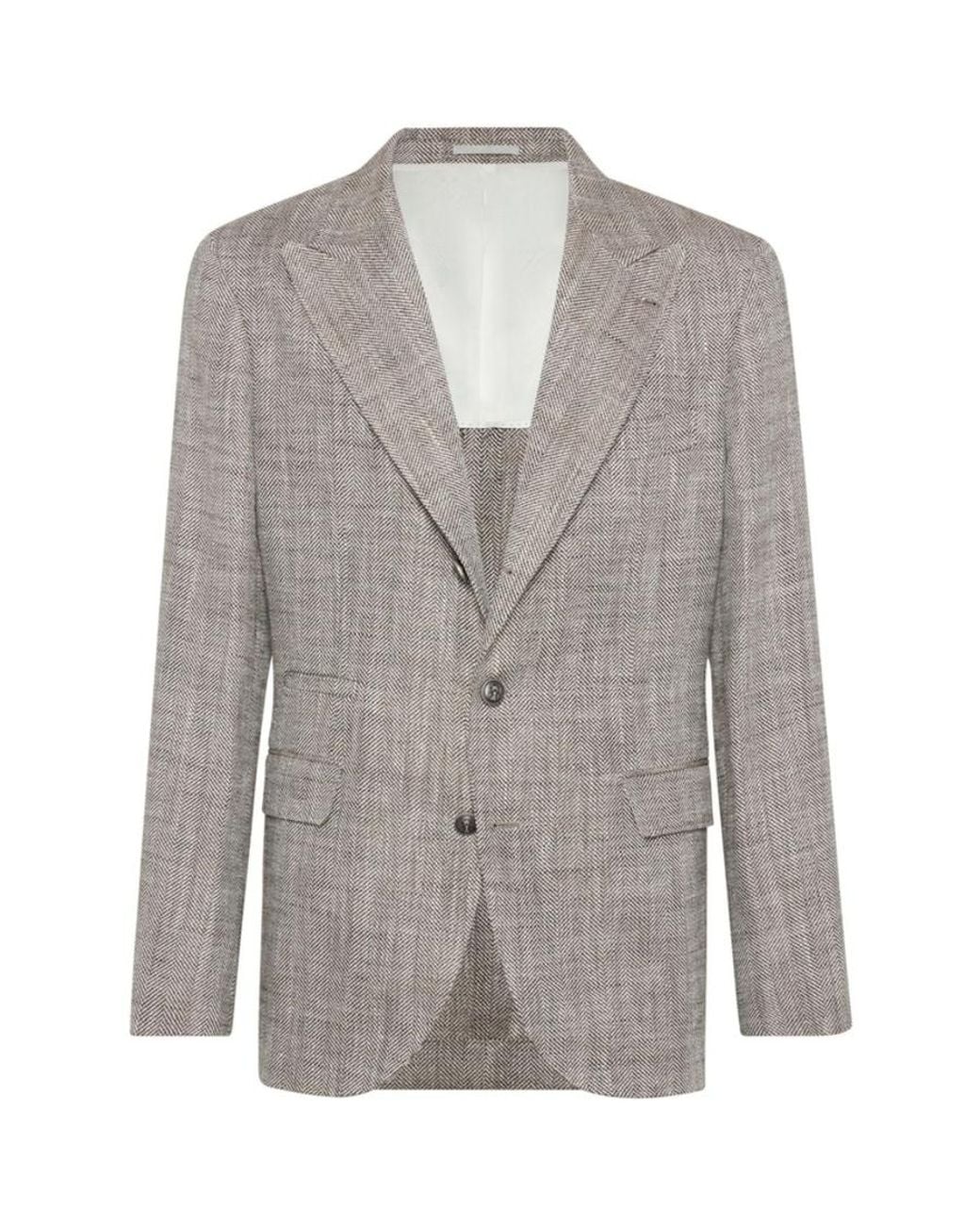 Brunello Cucinelli Gray Herringbone Silk Linen Blazer, Brand Size 50 (Us for men